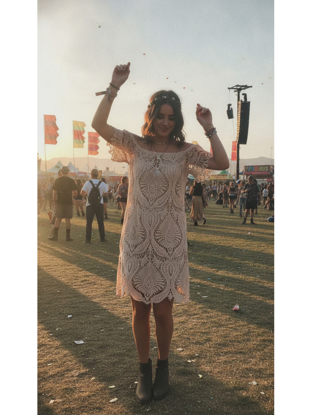 Free People Beige Crochet Lace Off-Shoulder Dress XS